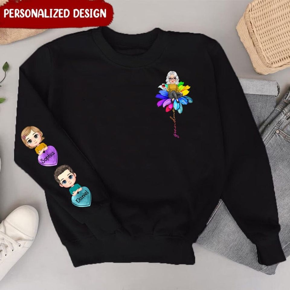 Personalized Grandma Sitting On Colorful Flower And Grandkids 3D Sweater