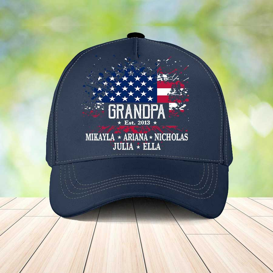 Personalized Grandpa Est American Flag Classic Cap for Father's Day, Papa Hats with Grandkids Trucker Hats Custom Hats Gifts For Men & Women