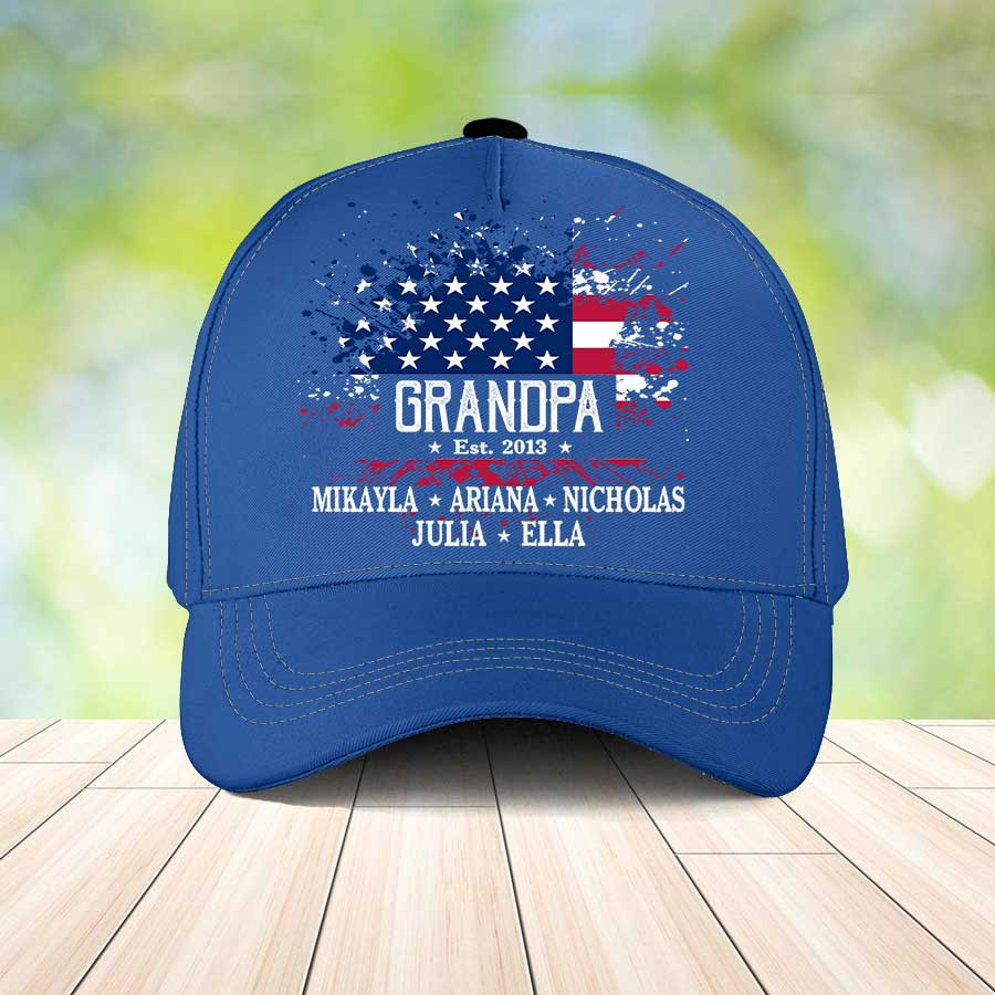 Personalized Grandpa Est American Flag Classic Cap for Father's Day, Papa Hats with Grandkids Trucker Hats Custom Hats Gifts For Men & Women