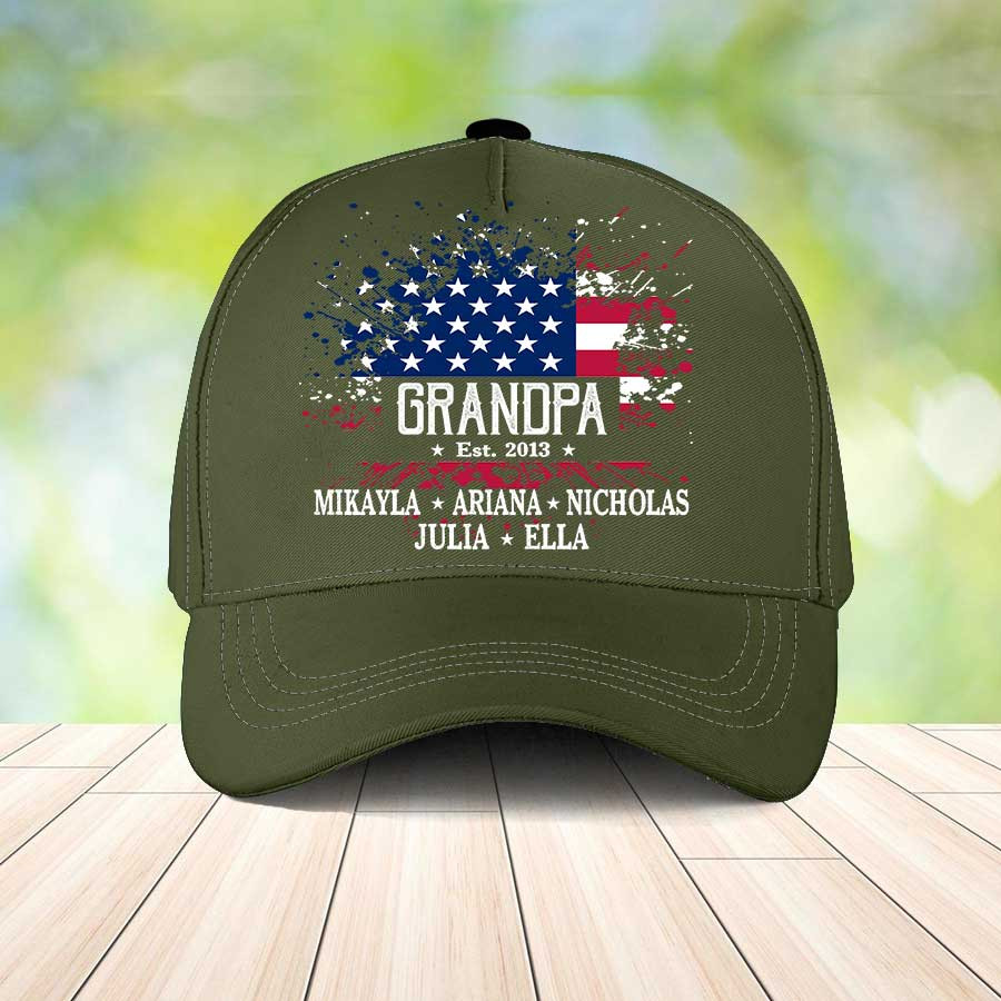 Personalized Grandpa Est American Flag Classic Cap for Father's Day, Papa Hats with Grandkids Trucker Hats Custom Hats Gifts For Men & Women