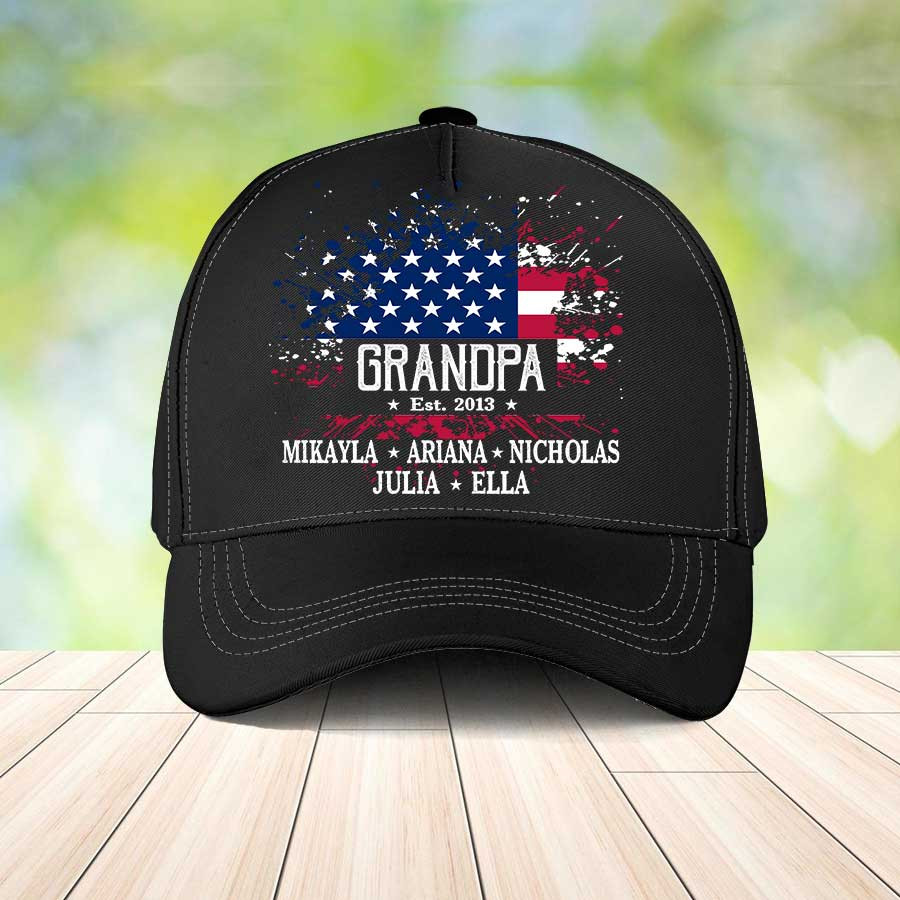 Personalized Grandpa Est American Flag Classic Cap for Father's Day, Papa Hats with Grandkids Trucker Hats Custom Hats Gifts For Men & Women