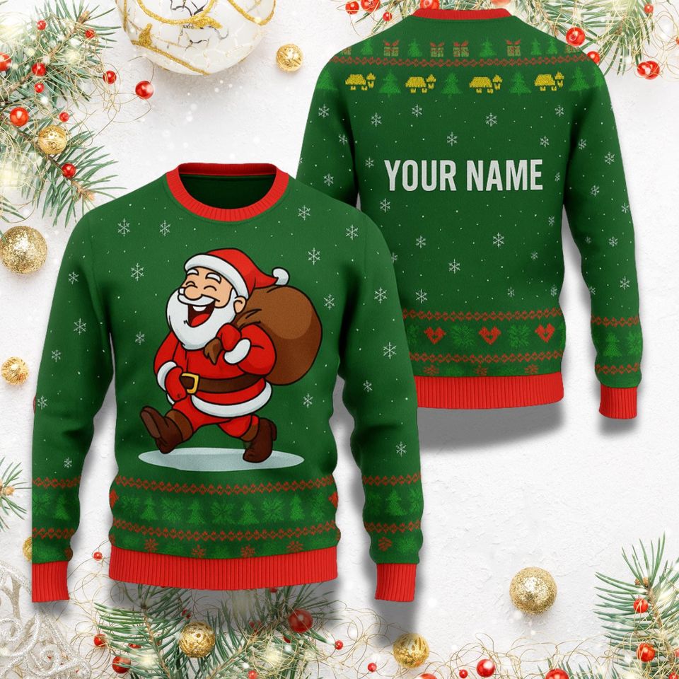 Personalized Green Santa Ugly Christmas Sweater with Custom Name on Back, Laughing Santa Sack Holiday Jumper