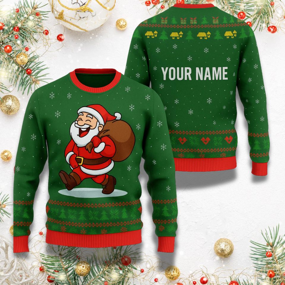 Personalized Green Santa Ugly Christmas Sweater with Custom Name on Back, Laughing Santa Sack Holiday Jumper - Image 2