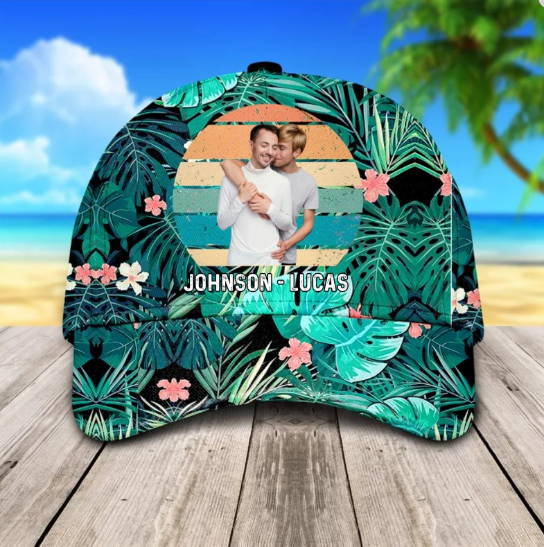 Personalized Hawaiian Summer Gay Couple Hat for Husband, Beach LGBT Pride Couple Cap for Him Trucker Hats Custom Hats Gifts For Men & Women