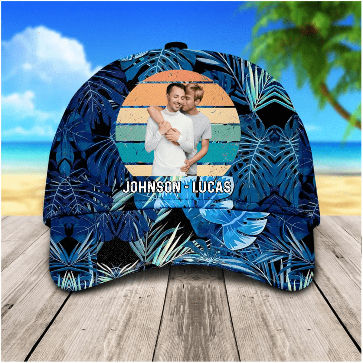 Personalized Hawaiian Summer Gay Couple Hat for Husband, Beach LGBT Pride Couple Cap for Him Trucker Hats Custom Hats Gifts For Men & Women