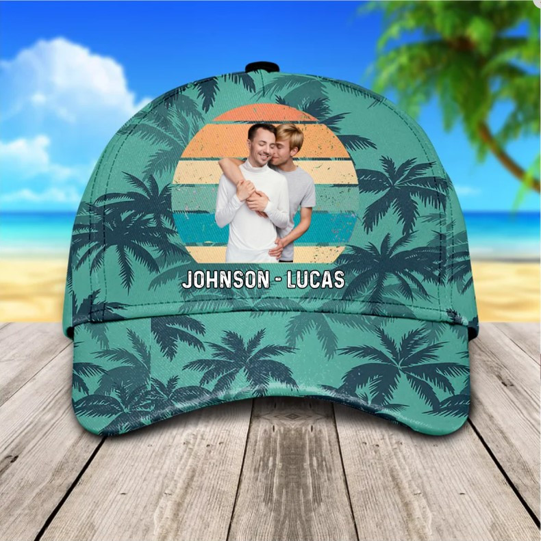 Personalized Hawaiian Summer Gay Couple Hat for Husband, Beach LGBT Pride Couple Cap for Him Trucker Hats Custom Hats Gifts For Men & Women
