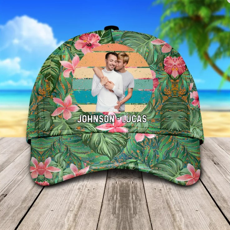 Personalized Hawaiian Summer Gay Couple Hat for Husband, Beach LGBT Pride Couple Cap for Him Trucker Hats Custom Hats Gifts For Men & Women
