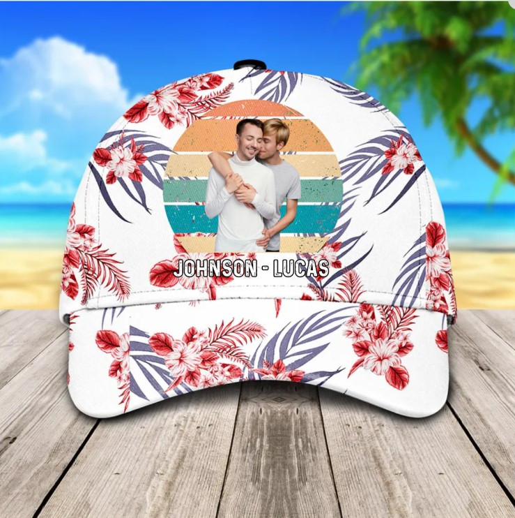 Personalized Hawaiian Summer Gay Couple Hat for Husband, Beach LGBT Pride Couple Cap for Him Trucker Hats Custom Hats Gifts For Men & Women