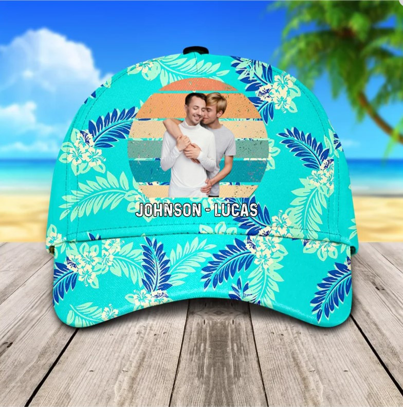 Personalized Hawaiian Summer Gay Couple Hat for Husband, Beach LGBT Pride Couple Cap for Him Trucker Hats Custom Hats Gifts For Men & Women