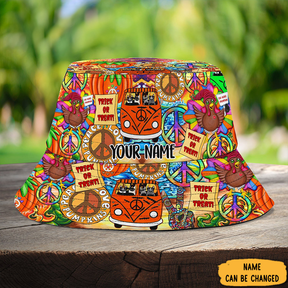 Personalized Hippie Vans Trick Or Treat Halloween Bucket Hat Gifts For Halloween Lovers Trucker Hats Custom Hats Gifts For Men & Women