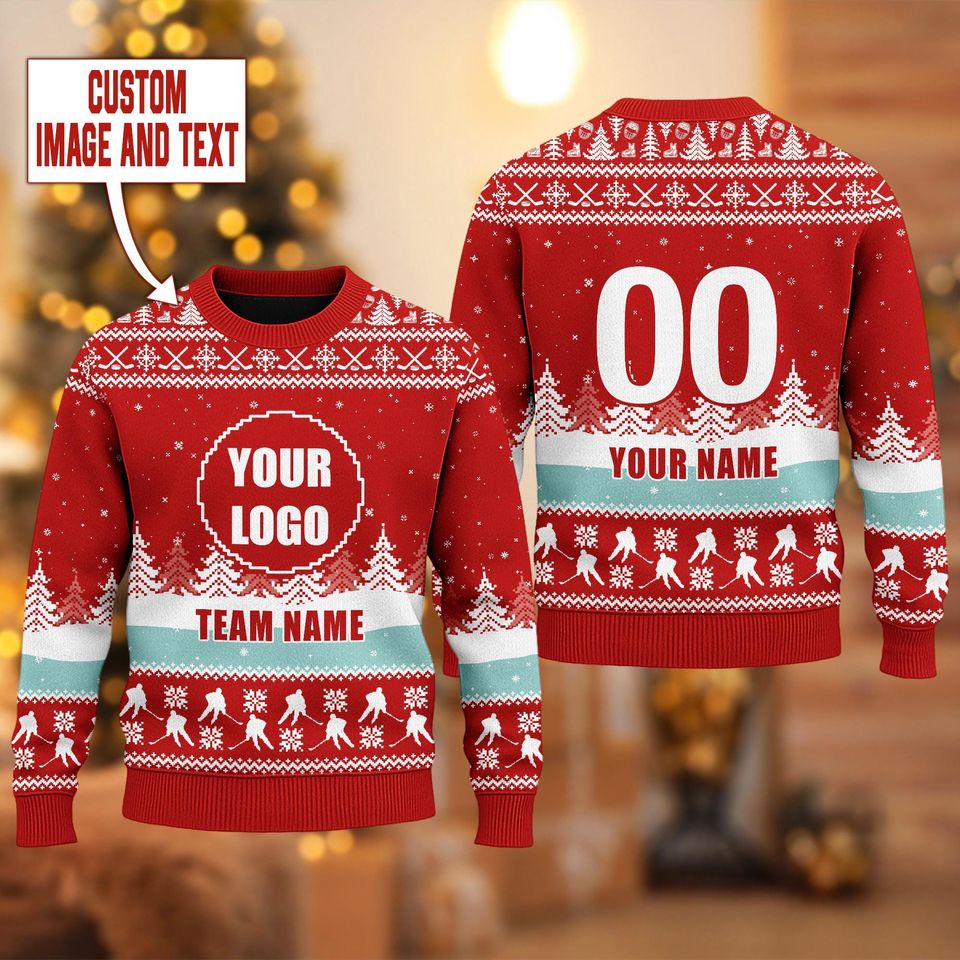 Personalized Hockey Logo Ugly Sweater, Sports Logo Team Christmas Ugly Sweater