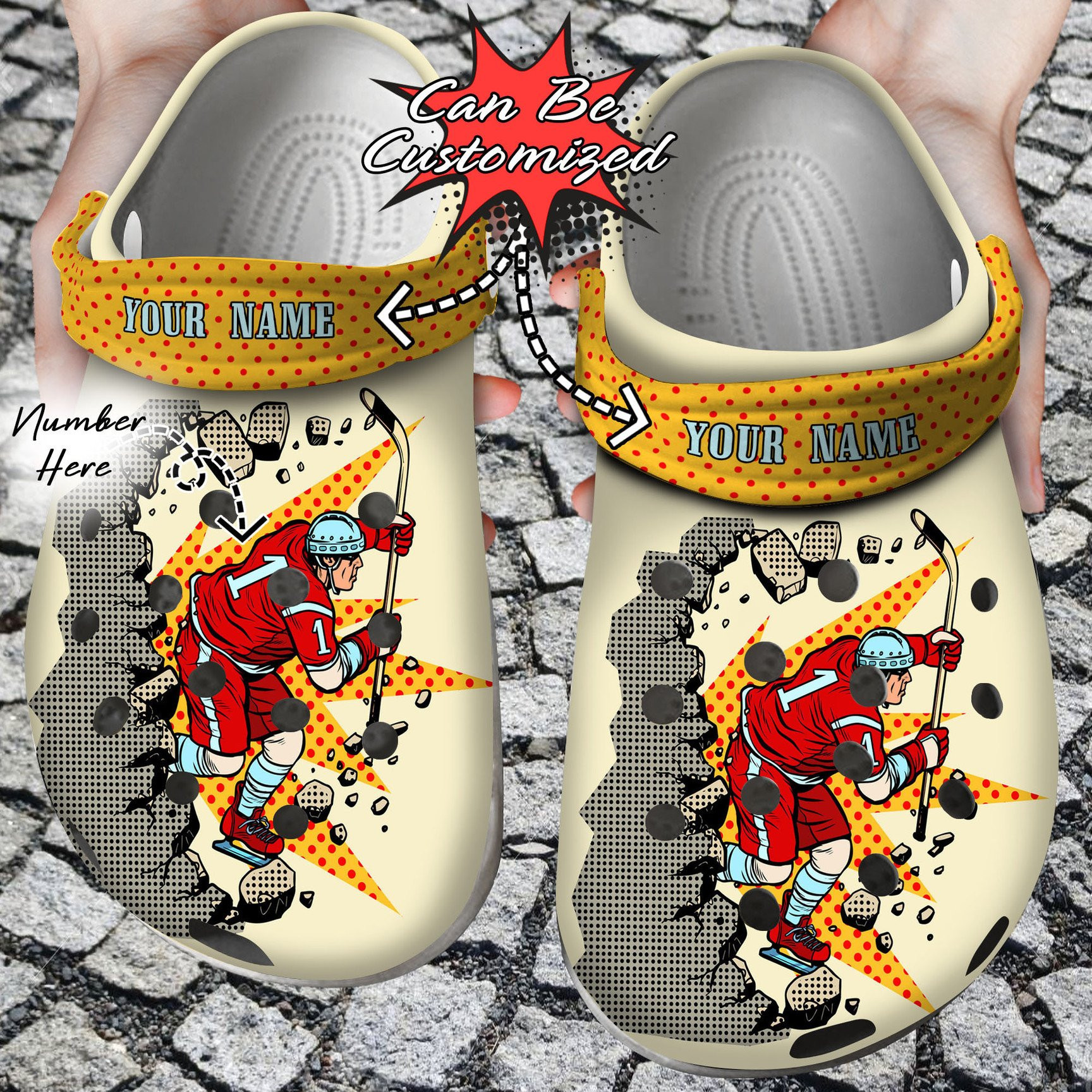 Personalized Hockey Player Breaks A Wall clog Shoes Sport