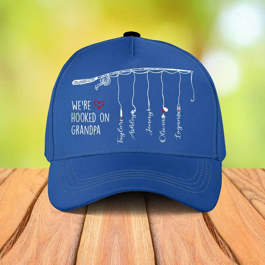 Personalized Hooked On Grandpa Fishing Daddy Classic Cap, Grandpa with Grandkids Fishing Hats for Men Trucker Hats Custom Hats Gifts For Men & Women