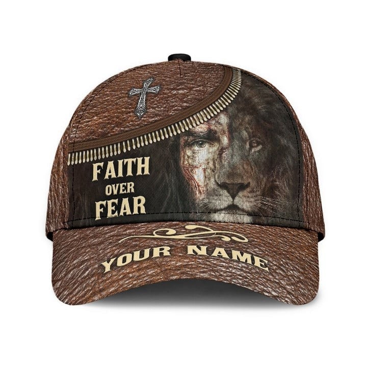 Personalized Jesus and Lion Classic Cap, Faith Over Fear Christian Hats for Men, Women Trucker Hats Custom Hats Gifts For Men & Women