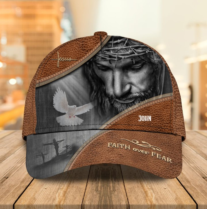 Personalized Jesus and Lion Classic Cap, Faith Over Fear Christian Hats for Men, Women Trucker Hats Custom Hats Gifts For Men & Women