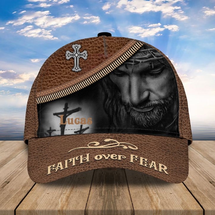 Personalized Jesus and Lion Classic Cap, Faith Over Fear Christian Hats for Men, Women Trucker Hats Custom Hats Gifts For Men & Women