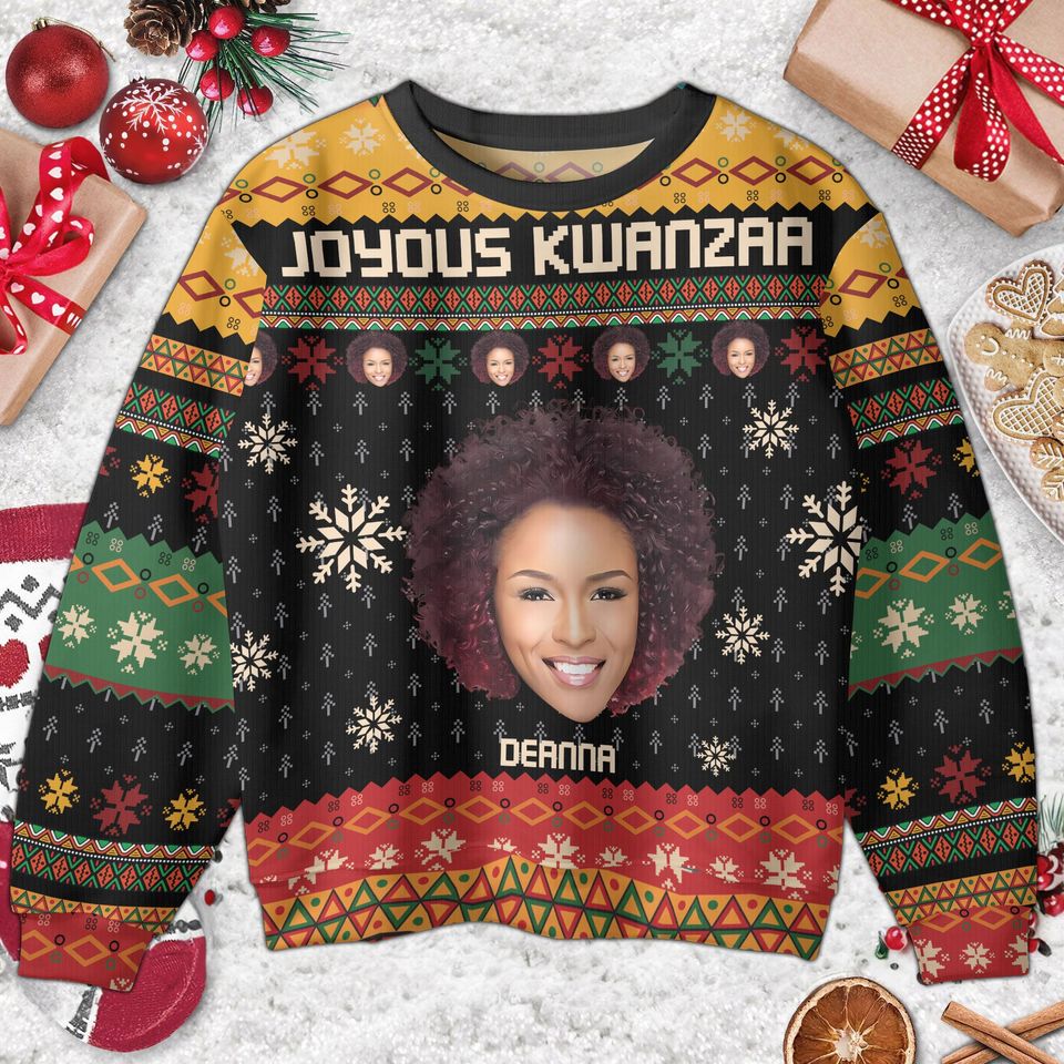 Personalized Joyous Kwanzaa Face And Name Ugly Christmas Sweater