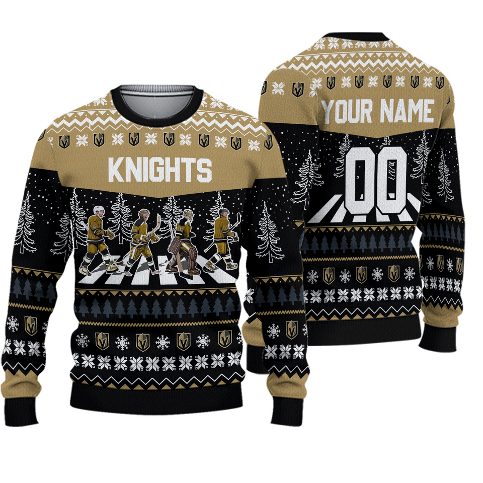 Personalized Knights Walking Abbey Road Ice Hockey Christmas Ugly Sweater