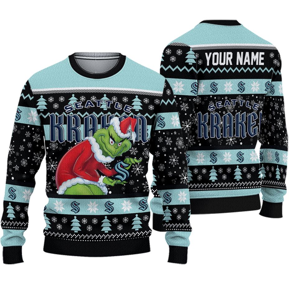Personalized Kraken Grin Ice Hockey Christmas Ugly Sweater