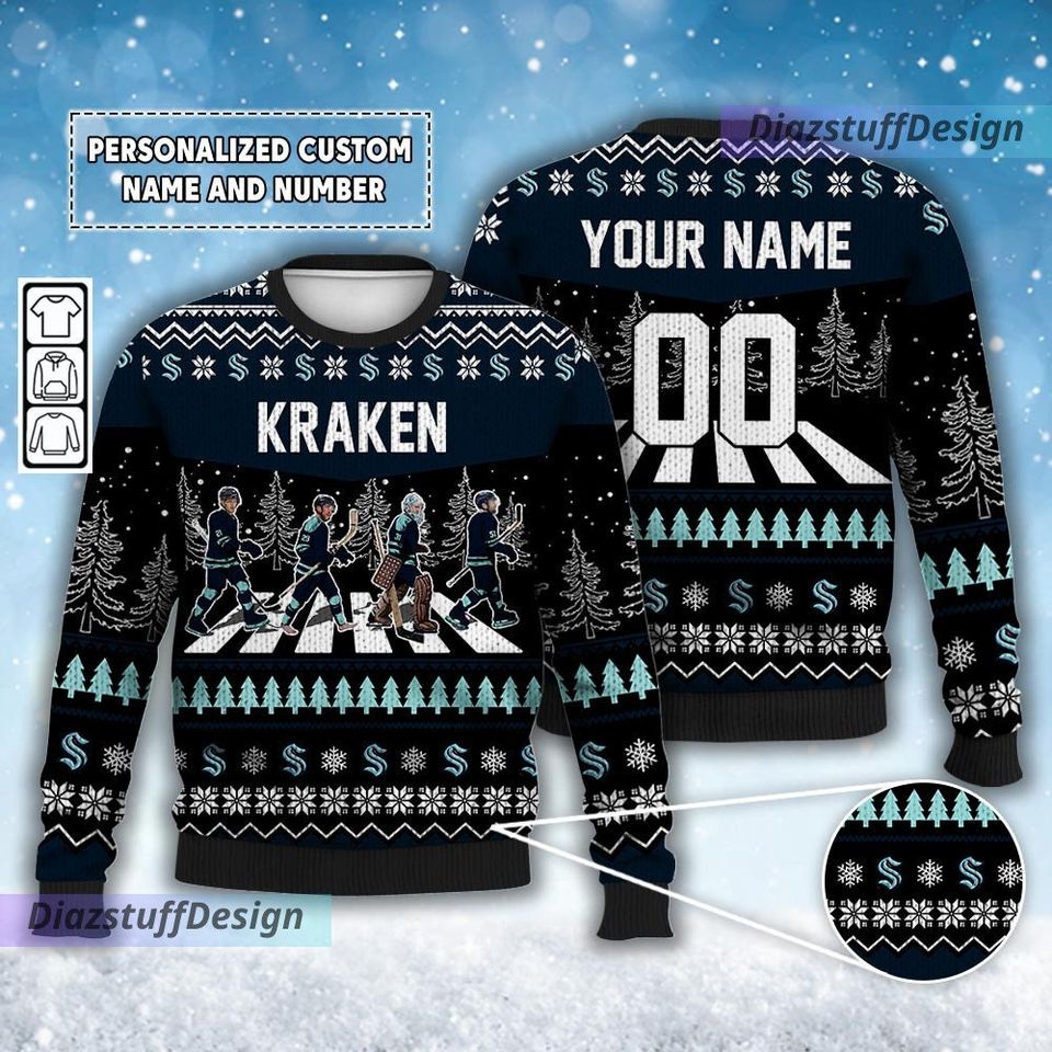 Personalized Kraken Walking Abbey Road Ice Hockey Christmas Ugly Sweater