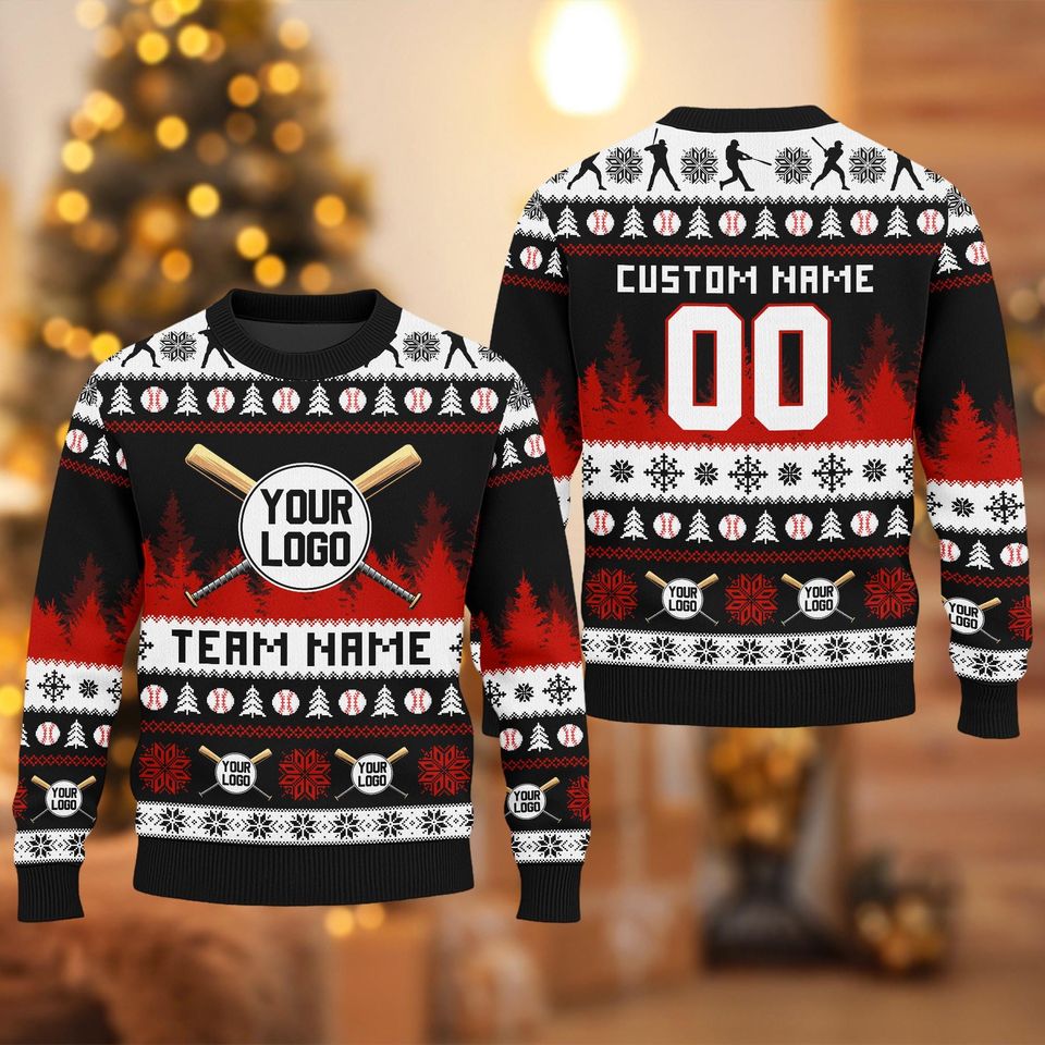 Personalized Logo Ugly Christmas Sweater, Custom Logo Baseball Team Sweater