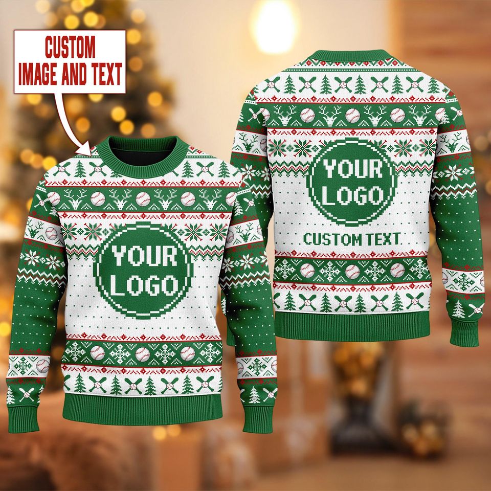 Personalized Logo Ugly Christmas Sweater, Custom Logo Baseball Team Sweater