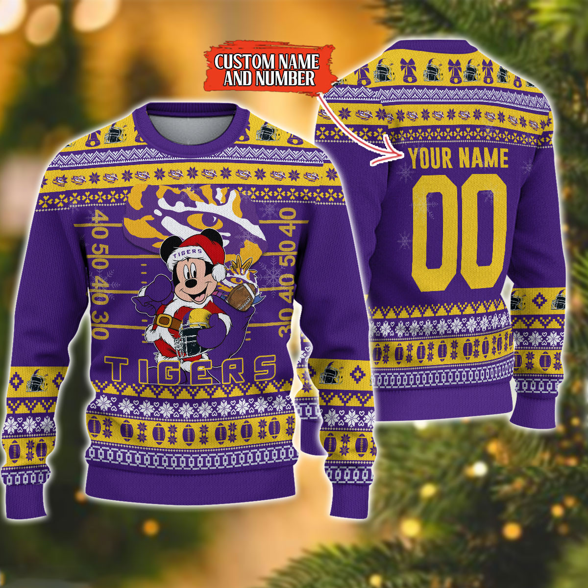 Personalized LSU Tigers Mickey Ugly Christmas Sweater Adult 3D Funny Matching for family