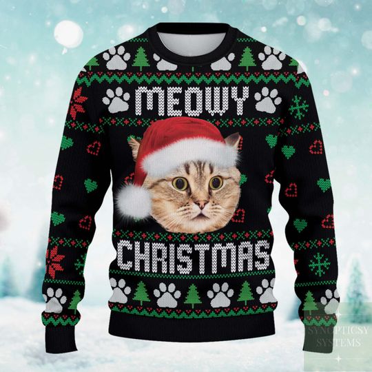 Personalized Meowy Christmas Ugly Sweater Cat Custom Photo Ugly Christmas Sweater - Image 6
