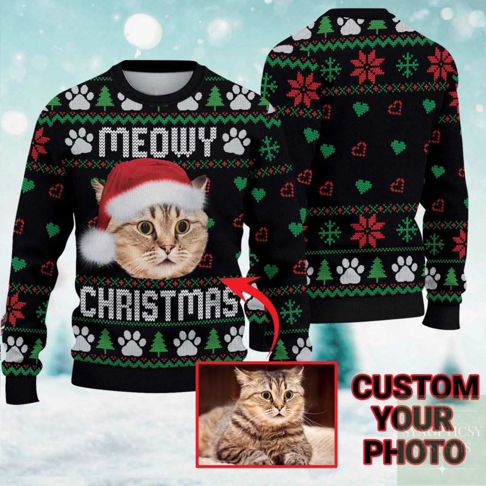 Personalized Meowy Christmas Ugly Sweater Cat Custom Photo Ugly Christmas Sweater - Image 3