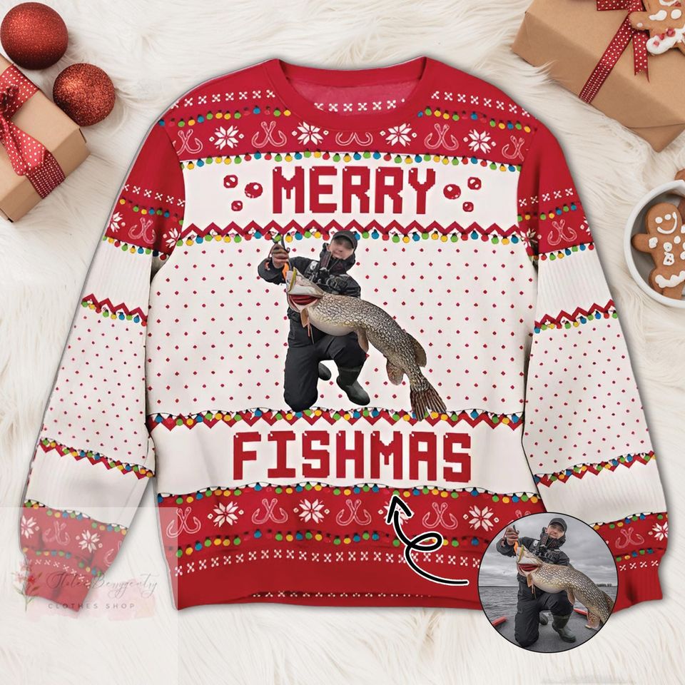 Personalized Merry Fishmas Ugly Sweater, Custom Photo Christmas Sweater