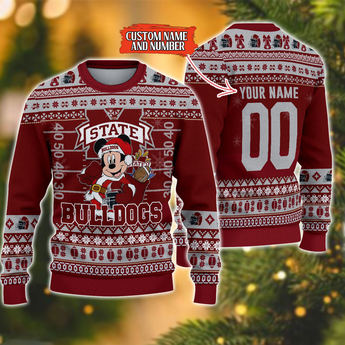 Personalized Mississippi State Bulldogs Mickey Ugly Christmas Sweater Adult 3D Funny Matching for family