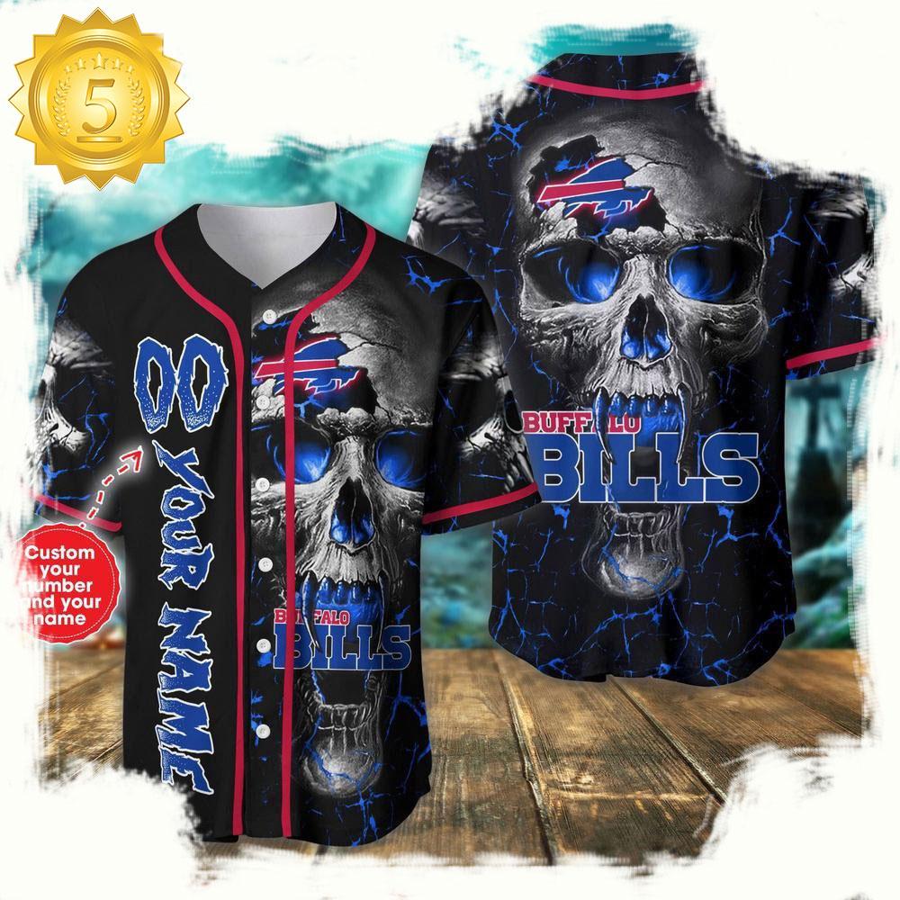 Personalized Name & Number Buffalo Bills NLF Team Skull Baseball Jersey Shirt