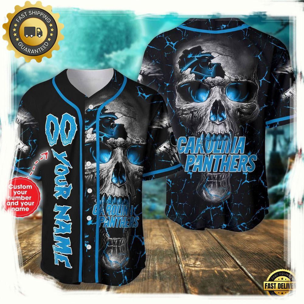 Personalized Name & Number Carolina Panthers NLF Team Skull Baseball Jersey Shirt