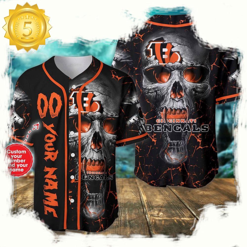 Personalized Name & Number Cincinnati Bengals NLF Team Skull Baseball Jersey Shirt