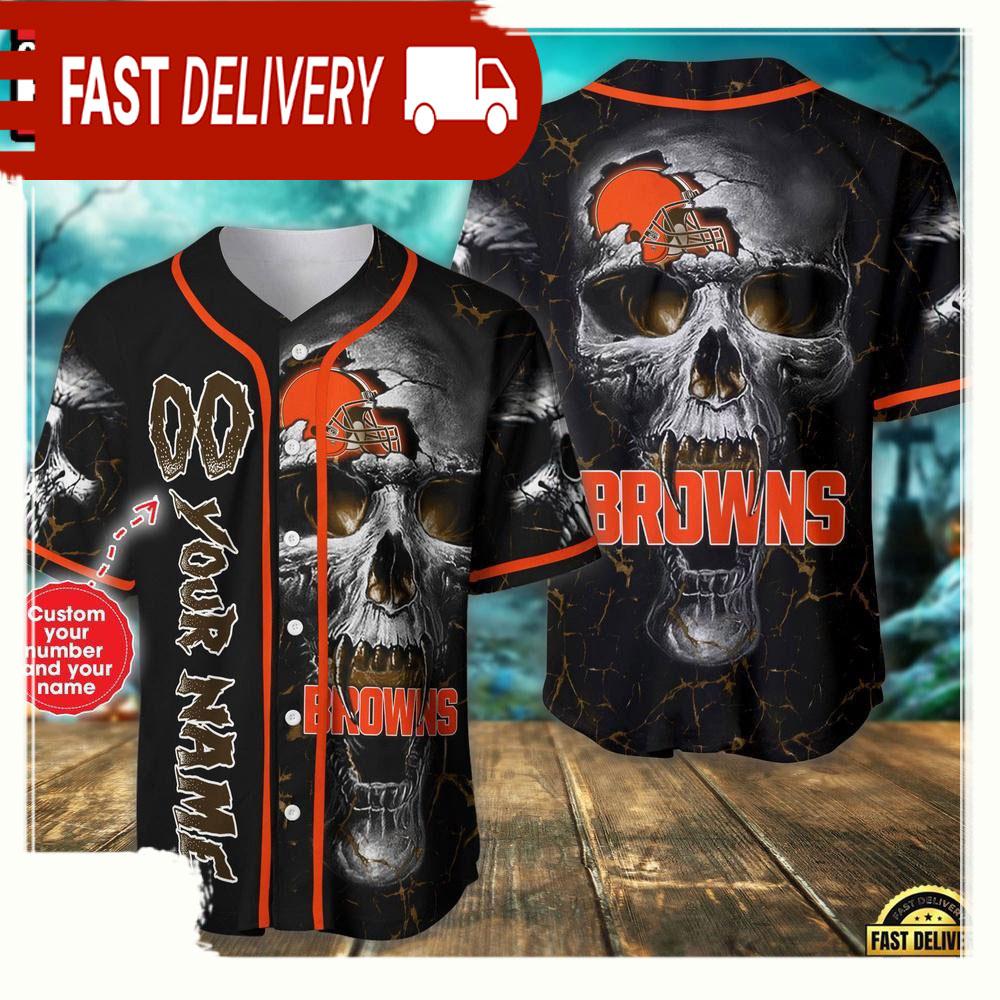 Personalized Name & Number Cleveland Browns NLF Team Skull Baseball Jersey Shirt