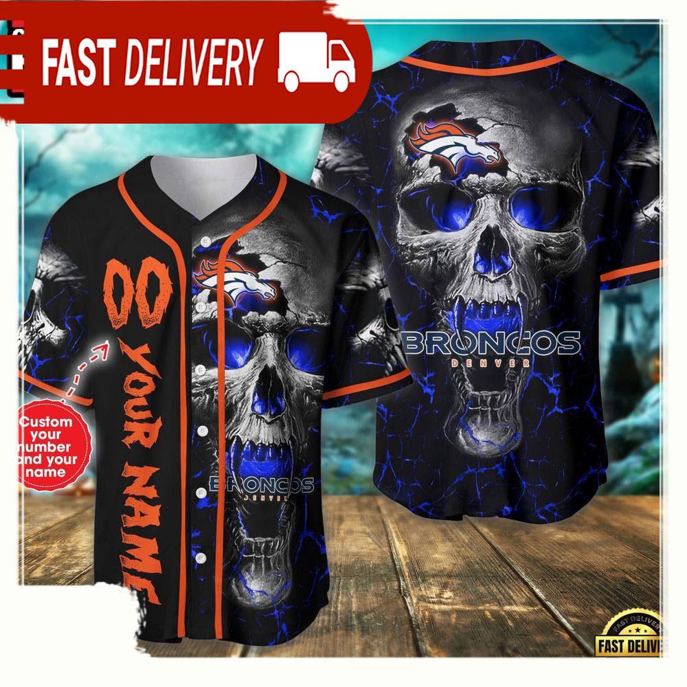 Personalized Name & Number Denver Broncos NLF Team Skull Baseball Jersey Shirt