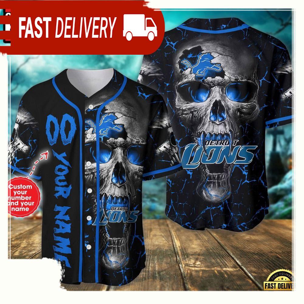 Personalized Name & Number Detroit Lions NLF Team Skull Baseball Jersey Shirt
