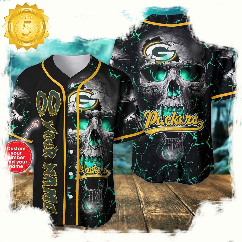 Personalized Name & Number Green Bay Packers NLF Team Skull Baseball Jersey Shirt