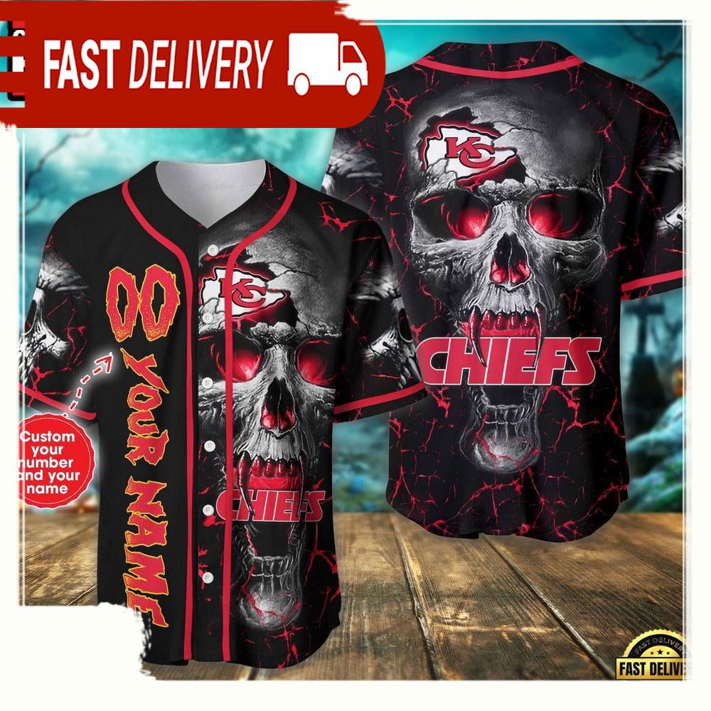 Personalized Name & Number Kansas City Chiefs NLF Team Skull Baseball Jersey Shirt