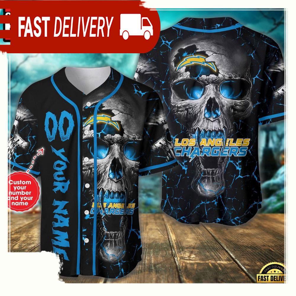 Personalized Name & Number Los Angeles Chargers NLF Team Skull Baseball Jersey Shirt