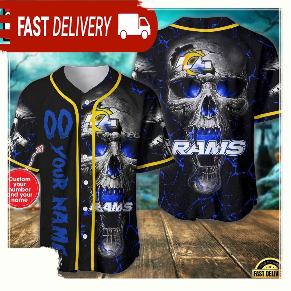 Personalized Name & Number Los Angeles Rams NLF Team Skull Baseball Jersey Shirt