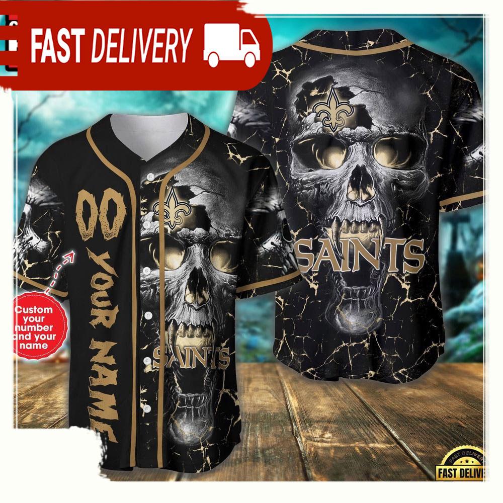 Personalized Name & Number New Orleans Saints NLF Team Skull Baseball Jersey Shirt