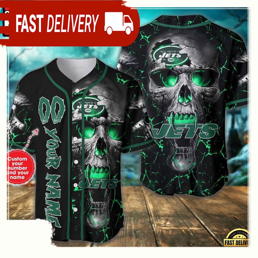 Personalized Name & Number New York Jets NLF Team Skull Baseball Jersey Shirt