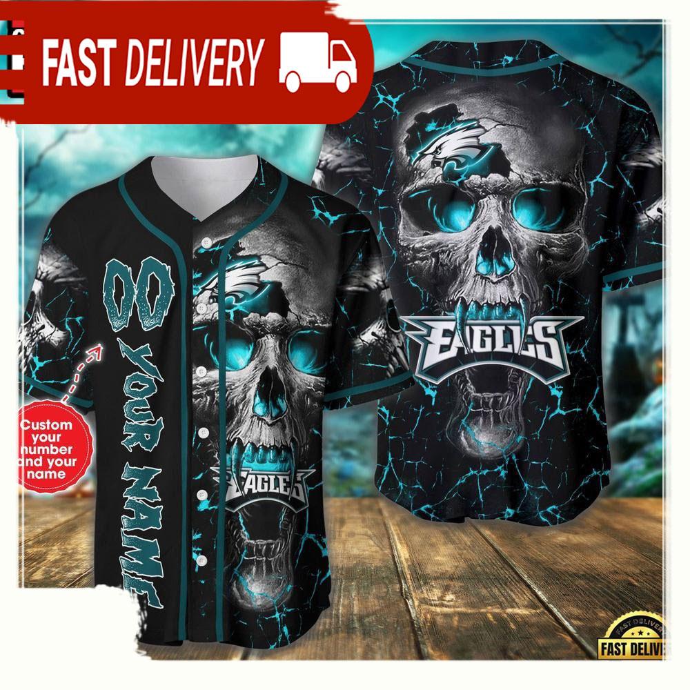 Personalized Name & Number Philadelphia Eagles NLF Team Skull Baseball Jersey Shirt