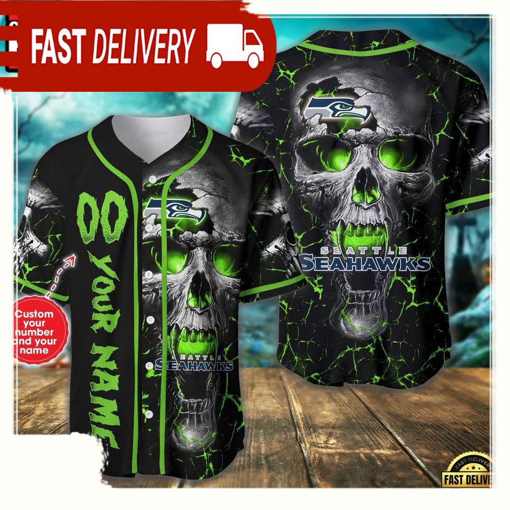 Personalized Name & Number Seattle Seahawks NLF Team Skull Baseball Jersey Shirt