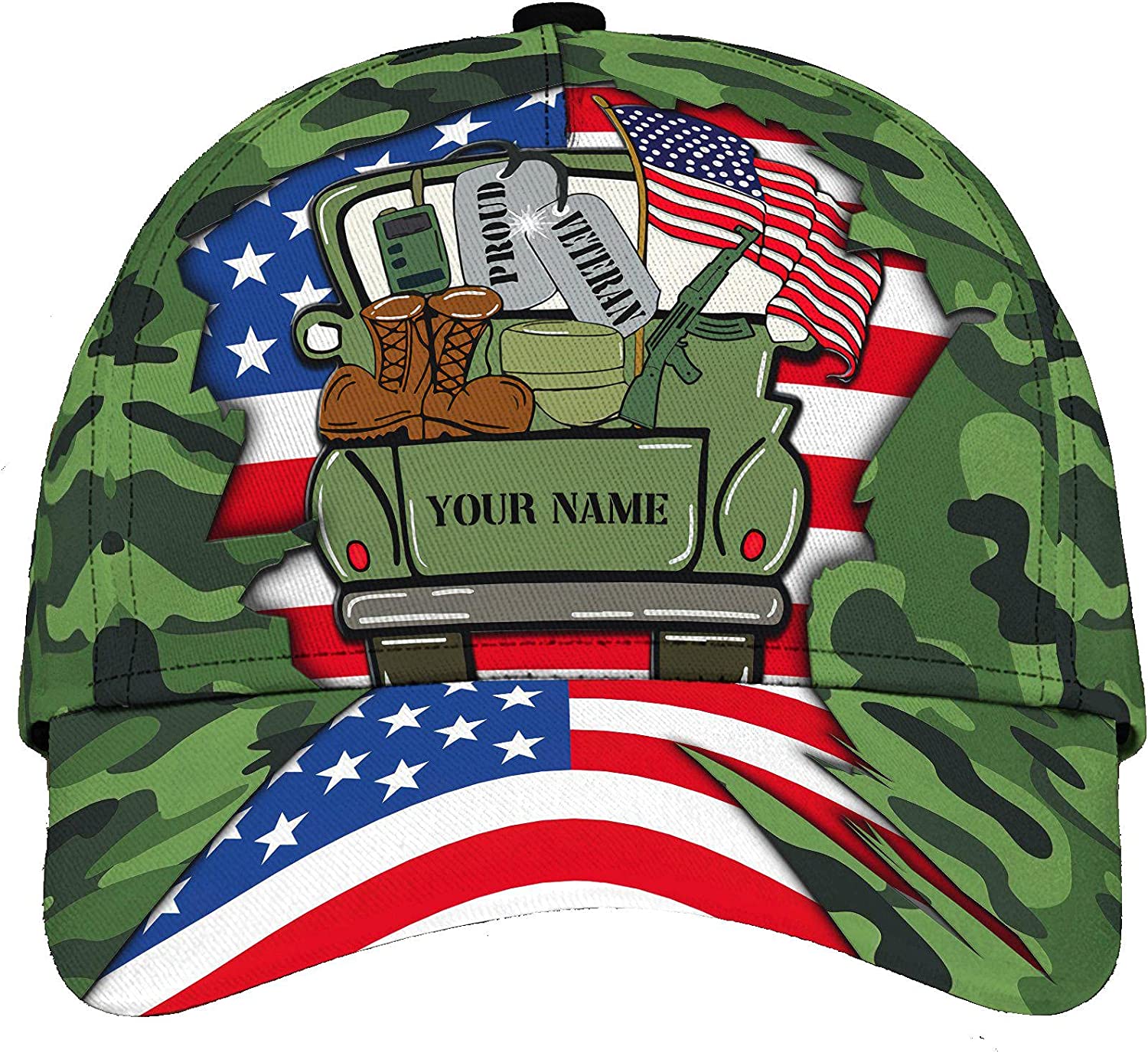 Personalized Name 3D Printed Unisex Cap, Proud Veteran Customize Cap, Gift For Veteran Trucker Hats Custom Hats Gifts For Men & Women