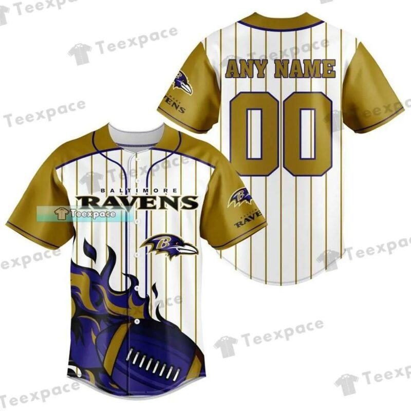 Personalized Name Baltimore Ravens Fire Rugby Ball Stripes Baseball Jersey