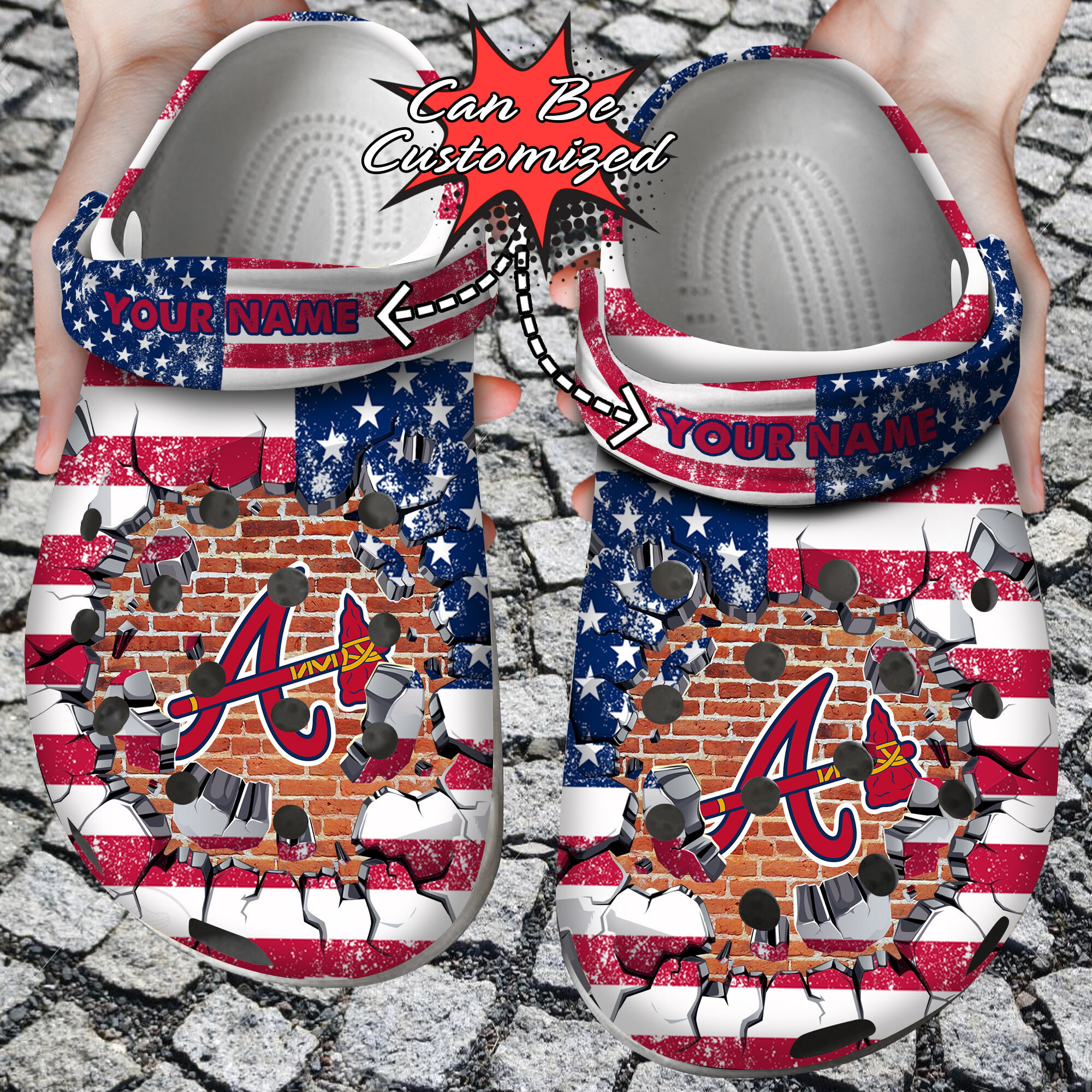 Personalized Name Logo Baseball Team American Flag Breaking Wall clog Shoes