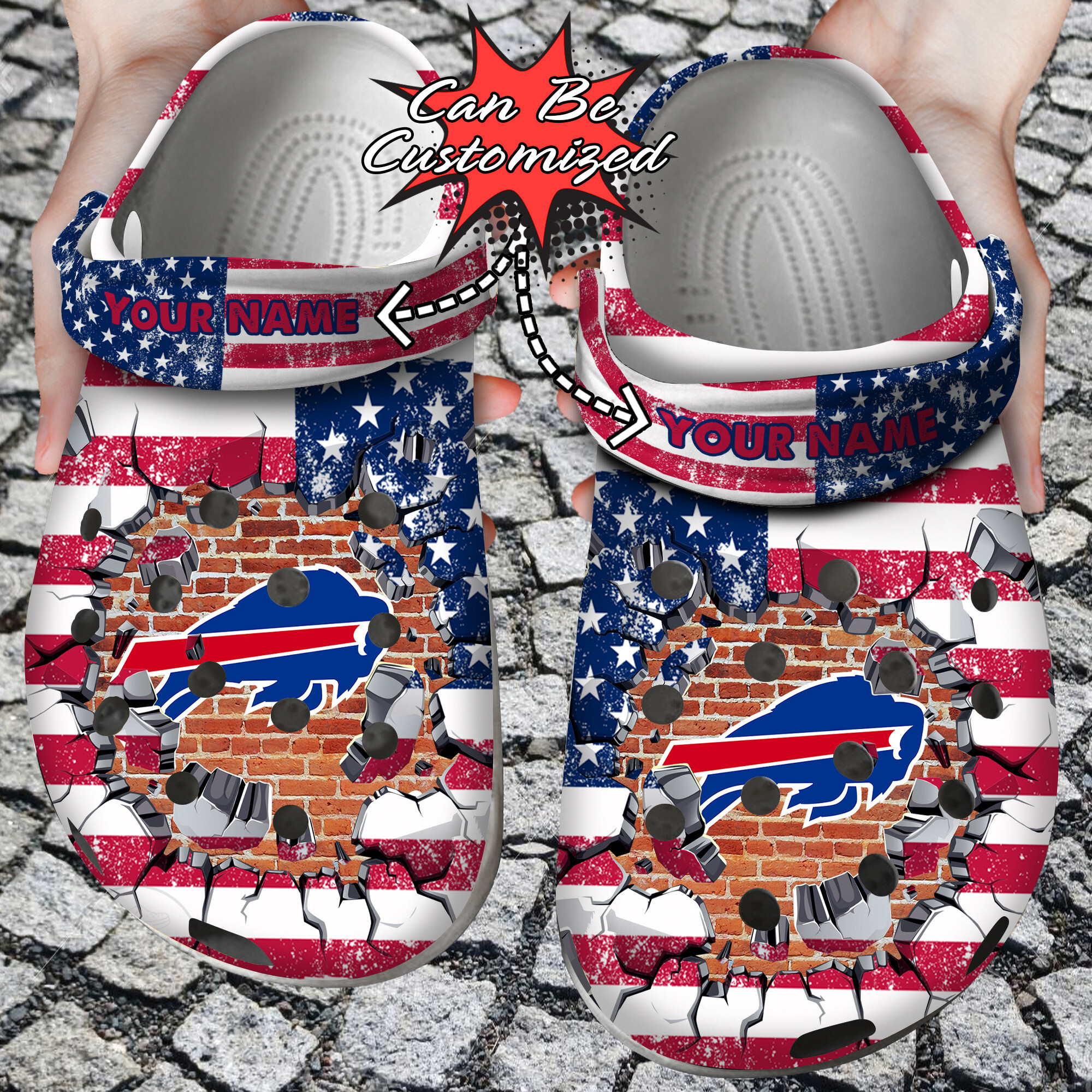Personalized Name Logo Football Team American Flag Breaking Wall clog Shoes