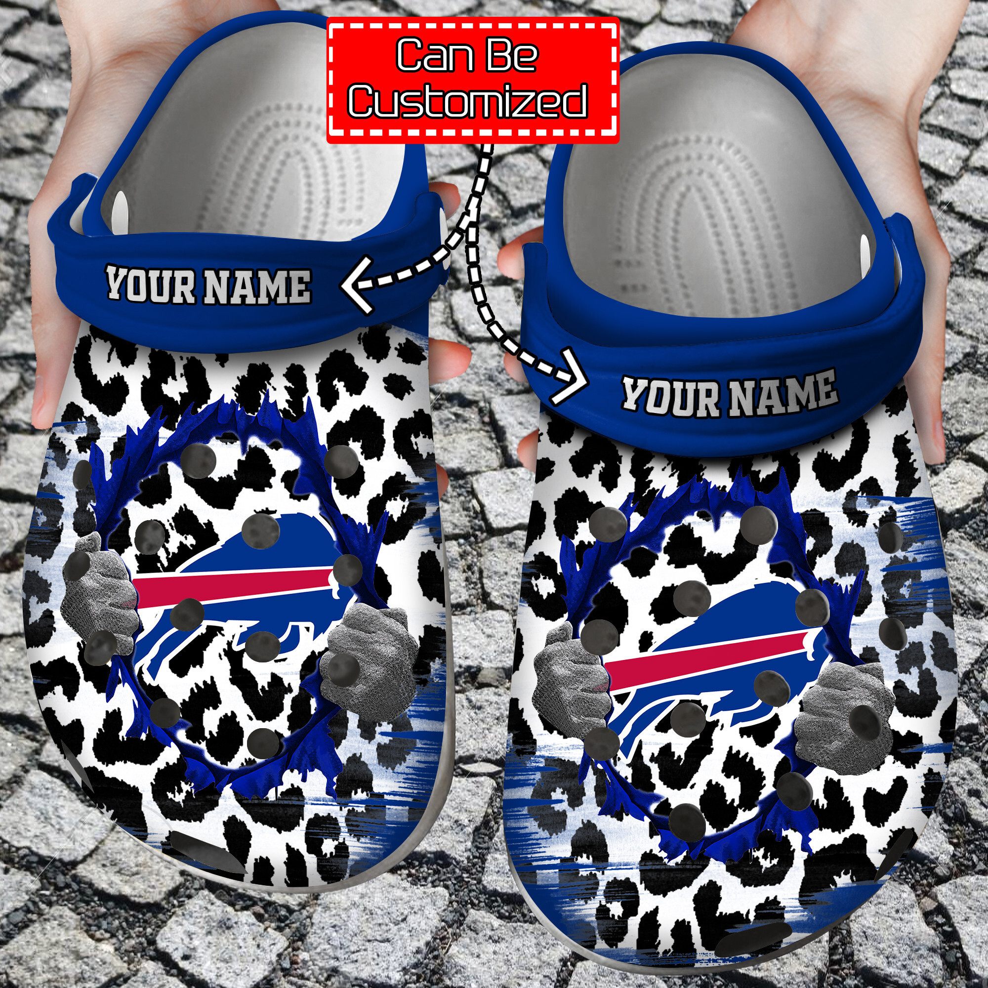 Personalized Name Logo Football Team Hands Ripping Through Leopard Style Clog Shoes